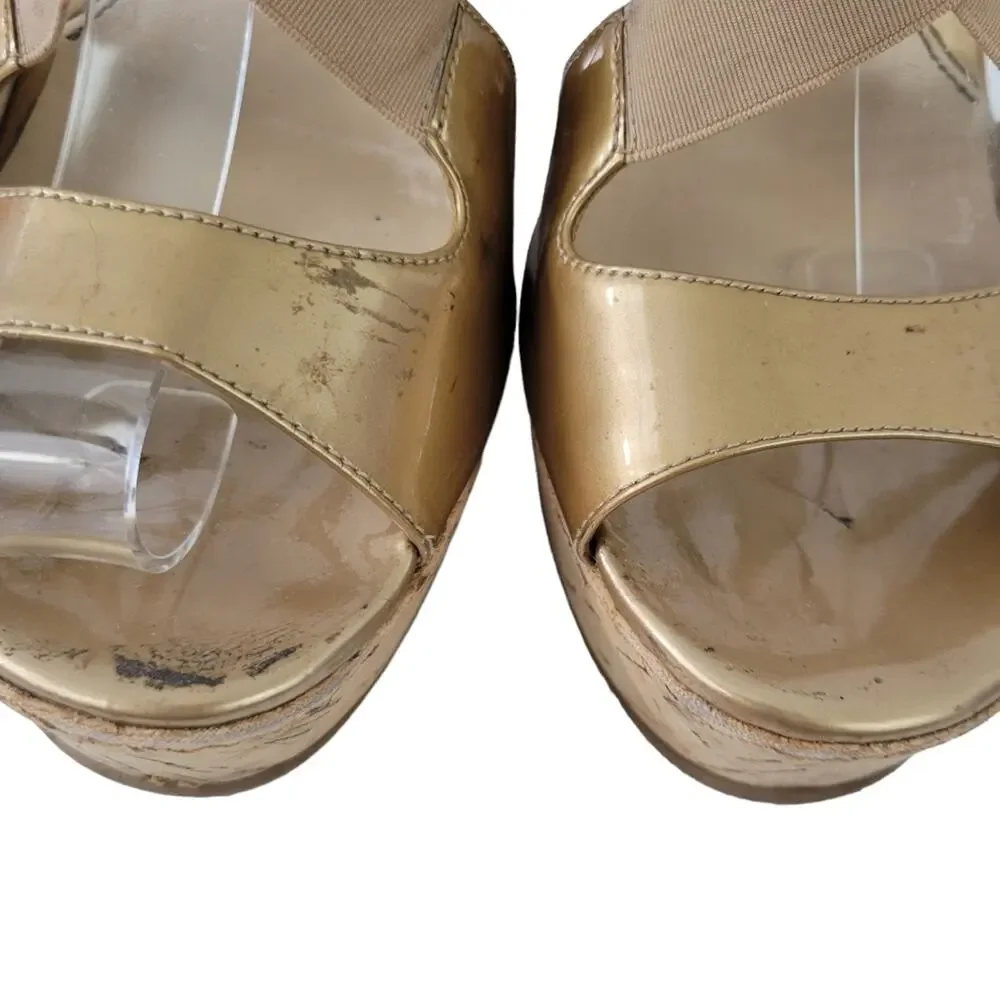 Fendi Neutrals Patent Leather Wedge Platform Sandals IT 38 (8 Women) Gold Tan